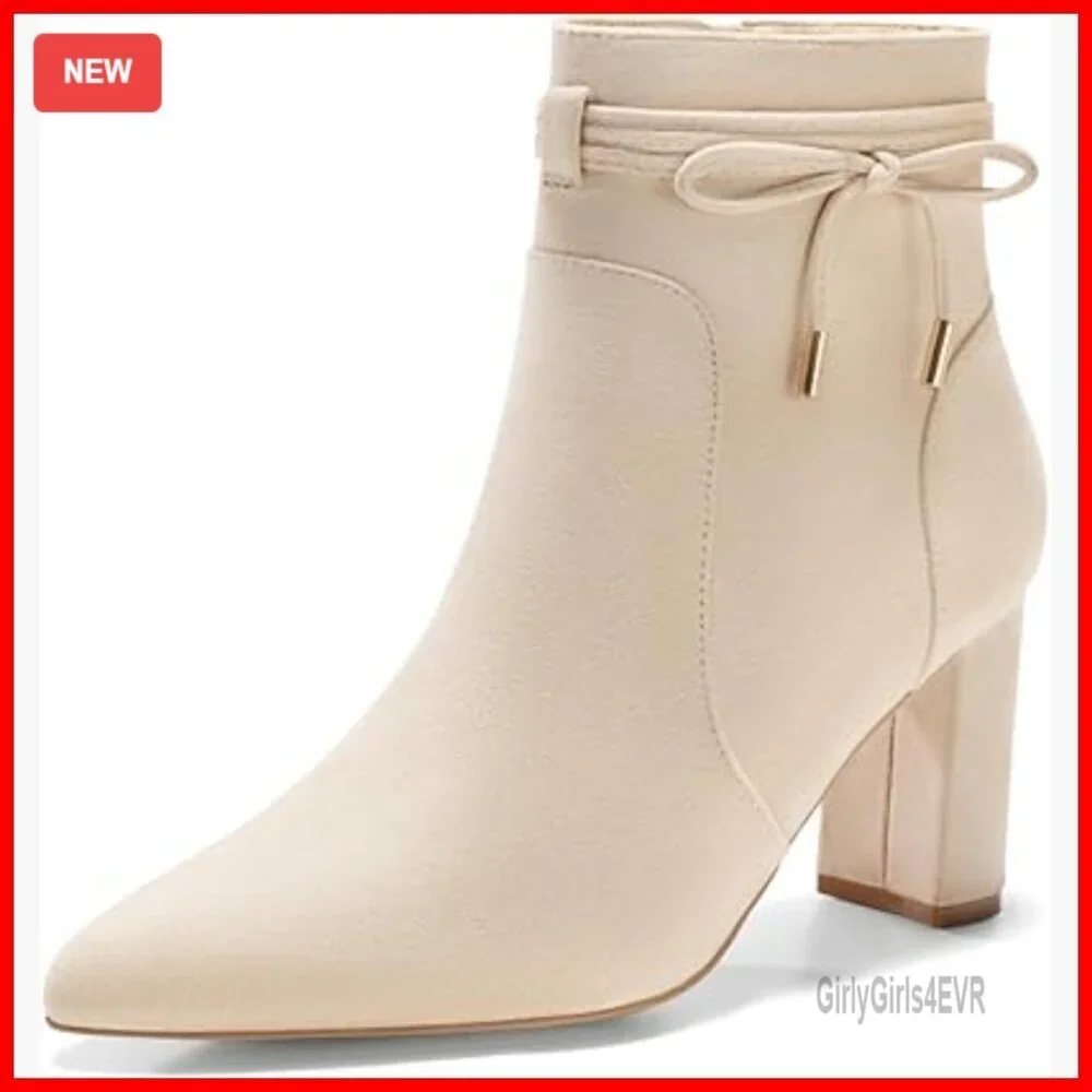 Pointed Toe Ankle Boots with Chunky Block Heel and Side Zipper